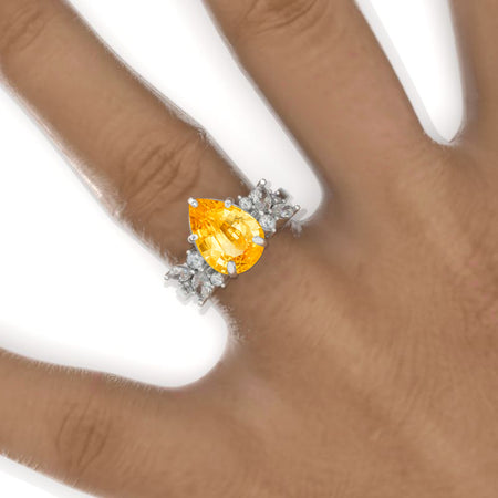 3 Carat Pear Genuine Yellow Citrine Cluster 14K White Gold Engagement Eternity Ring Model 968-11x7