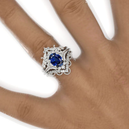 1.5 Carat Oval Royal Blue Sapphire Cluster Floral Halo 14K White Gold Floral Engagement Ring Set