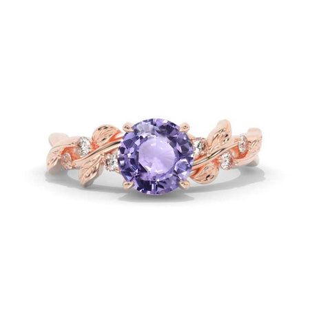 2 Carat Round Brilliant Cut Purple Sapphire Floral Yellow Gold Engagement Ring