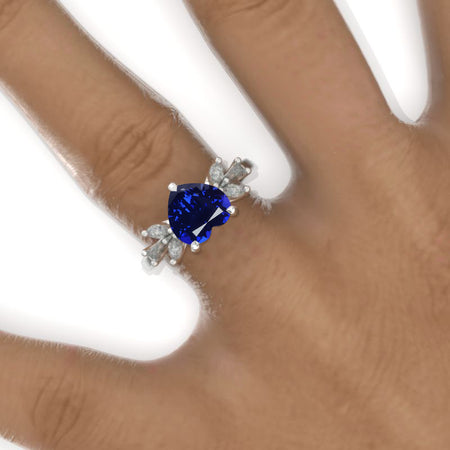 Heart Cluster Halo Royal Blue Sapphire 14K Gold Engagement Ring Model 849