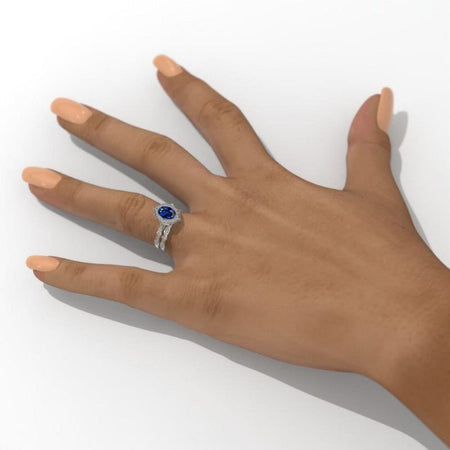 14K Solid Gold Ring 1.5CT Oval Royal Blue Sapphire Wedding Ring Royal Blue Sapphire Halo Engagement Ring Anniversary Promise Eternity Gold Ring Set Model 135