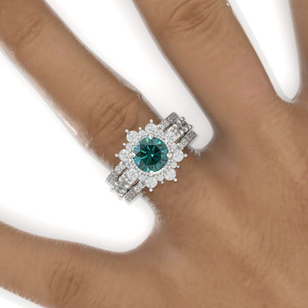2 Carat Round  Brilliant Cut Green Moissanite Halo 14K White Gold Engagement Ring, Eternity Rings Set Model 909A