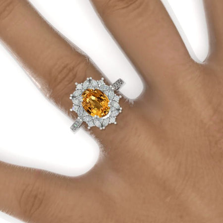 2 Carat Oval Genuine Yellow Citrine Halo Vintage 14K White Gold Engagement Ring Model 804-9x7
