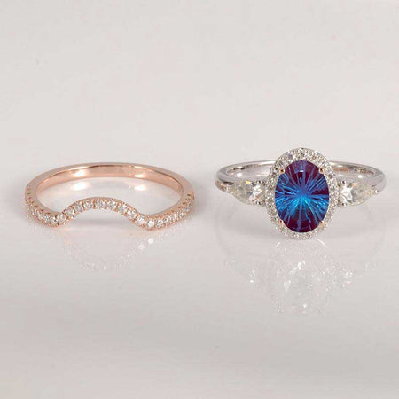 14K White Gold 3 Carat Oval Fireworks Cut Alexandrite Halo Engagement Ring Eternity Ring Set