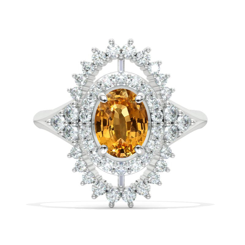 1.5 Carat Genuine Yellow Citrine Double Halo 14K White Gold Victorian Engagement Promissory Ring Model 1150-8x6