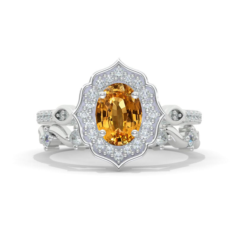Vintage Oval Shaped Genuine Yellow Citrine Engagement Ring 14K White Gold Flower Rose Gold Ring Set for Women. Vintage Oval Halo Gold Ring Set Model 1037-8x6