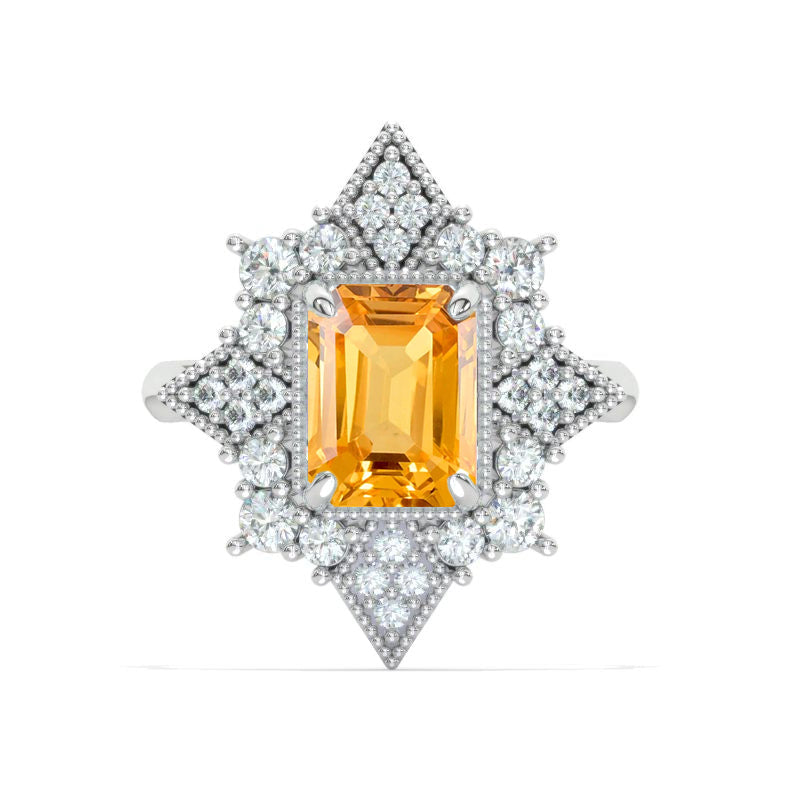 3 Carat Emerald Cut Vintage Style Victorian Halo Unique Genuine Yellow Citrine White Gold Engagement Ring Model 1153-9x7