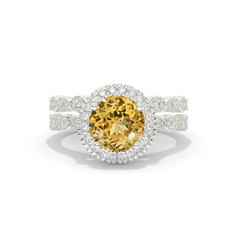 2 Carat Halo Genuine Yellow Citrine White Gold Engagement Ring Set Model 520-8 set