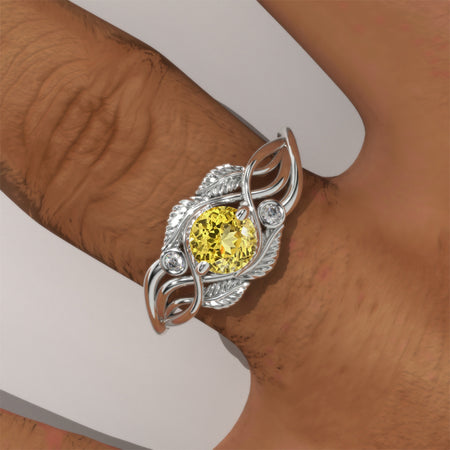 Yellow Sapphire White Gold Engagement Lattice Floral Accented Ring Model 154-5