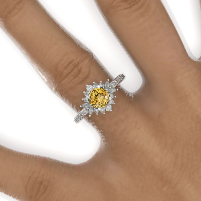 14K White Gold 1 Carat Genuine Yellow Citrine Halo Engagement Ring Model 491