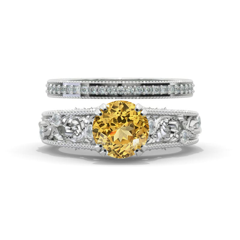 2 Carat Round Genuine Yellow Citrine Floral Leaves Ornamental Engagement 14K White Gold  Ring Eternity Ring Set Model 1155-8