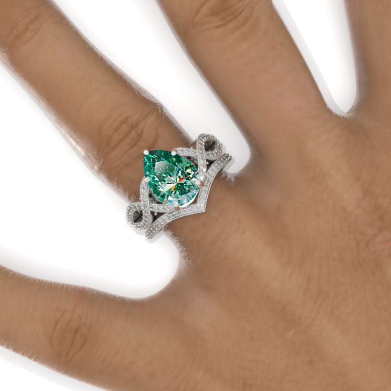 3 Carat Pear Green Moissanite Twisted 14K White Gold Engagement Eternity Ring Set