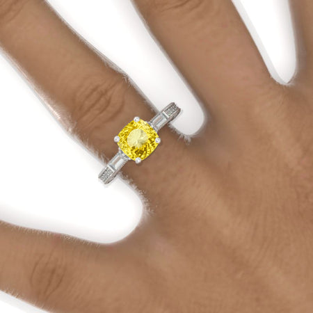 2 Carat Cushion Cut Vintage Style Yellow Sapphire White Gold Engagement Ring Model 827-7x7