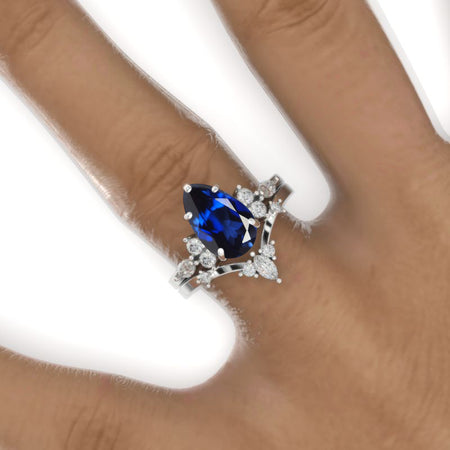 3 Carat Pear Royal Blue Sapphire Halo 14K White Gold Engagement Eternity Ring Set
