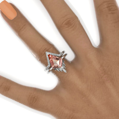 1.5 Carat Kite Peach Sapphire Halo 14K White Gold Engagement Ring, Eternity Ring Set Model 416-9x6