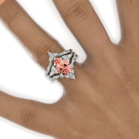 3 Carat Peach Sapphire Pear Floral Engagement 14K White Gold  Ring Eternity Ring Set Model 883-11x7