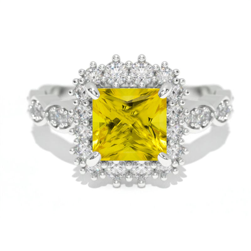 14K White Gold 1.5 Carat Princess Yellow Sapphire Halo Engagement Ring