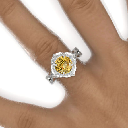 2 Carat Round Genuine Yellow Citrine Floral Halo Twisted Shank Engagement Ring Model-953