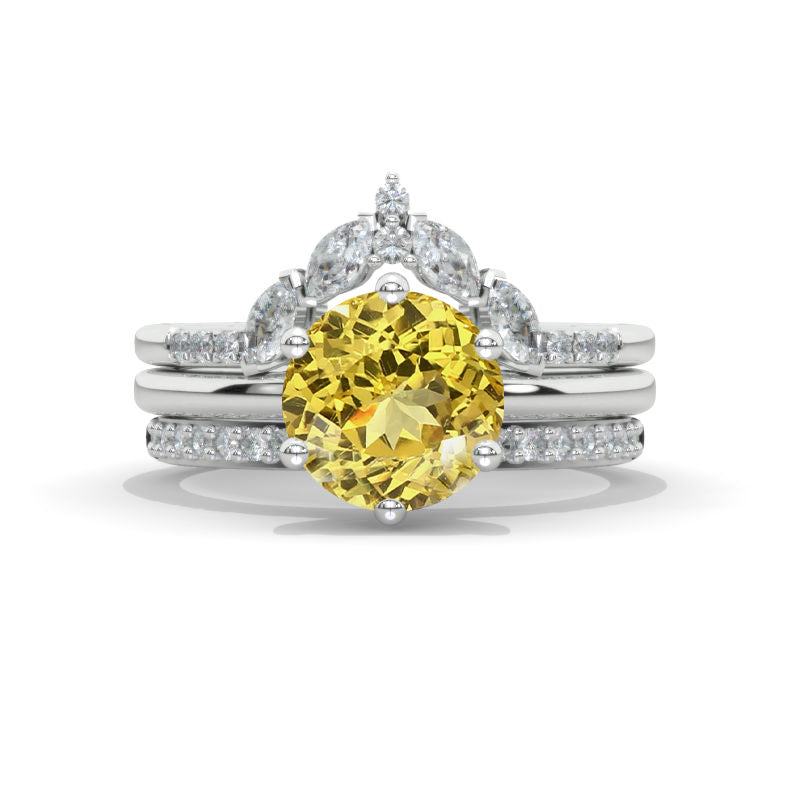 2 Carat Round  Brilliant Cut Yellow Sapphire Engagement Ring, 14K White Gold Eternity Rings Set Model 712-8 - Handmade engagement ring