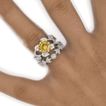 2 Carat Round Genuine Yellow Citrine Floral Twig Engagement Ring, Eternity Ring Set Model 948