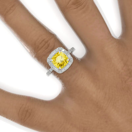 2.5 Carat Cushion Yellow Sapphire Halo Engagement Ring. Victorian 14K White Gold Ring Model 901-8x8 Cushion