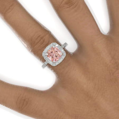 2.5 Carat Cushion Peach Sapphire Halo Engagement Ring. Victorian 14K White Gold Ring Model 901-8x8 Cushion