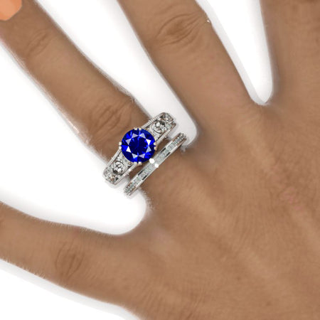 2 Carat Round Royal Blue Sapphire Floral Leaves Ornamental Engagement 14K White Gold  Ring Eternity Ring Set Model 1155-8