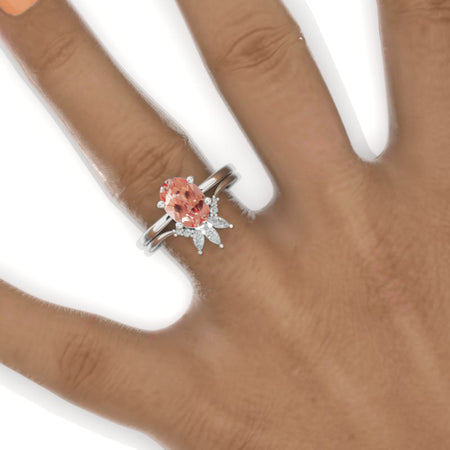 3 Carat Oval Peach Sapphire 14K White Gold Engagement Ring, Eternity Ring Set Model 401