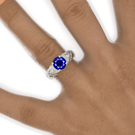 Round Celtic Royal Blue Sapphire Floral Shank Gold Engagement Ring Model 1108