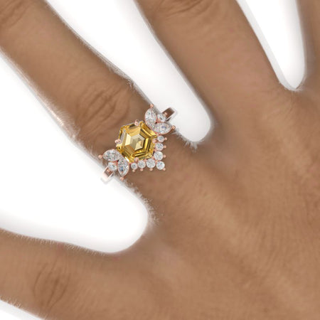 3 Carat Hexagon Genuine Yellow Citrine Cluster Halo 14K White Gold Engagement Ring Model 911-8x7 hex