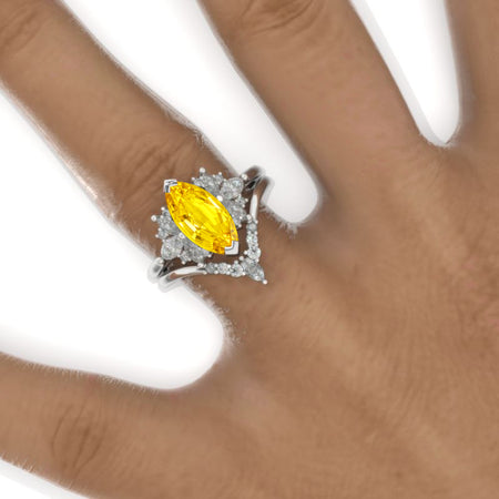 2 Carat Marquise 14K Solid Gold Ring Set 12x6mm Marquise Yellow Sapphire Vintage Wedding Ring. Engagement Ring Anniversary Ring, Marquise Side Stones Ring Set Model 810