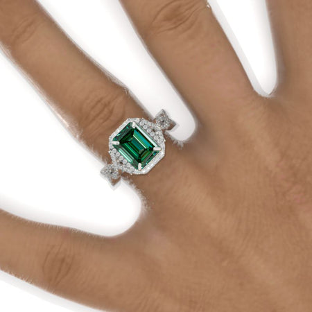 2 Carat Emerald Halo Giliarto Green Moissanite Twisted Shank  White Gold Engagement Ring Model 961-8x6mm