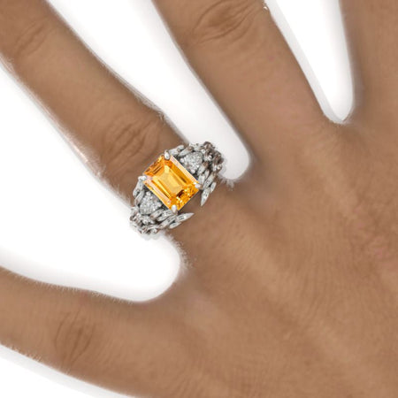 3 Carat Emerald Halo Genuine Yellow Citrine Floral Shank  White Gold Engagement Ring Model 1102