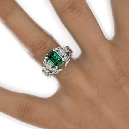 3 Carat Emerald Halo Giliarto Green Moissanite Floral Shank  White Gold Engagement Ring Set