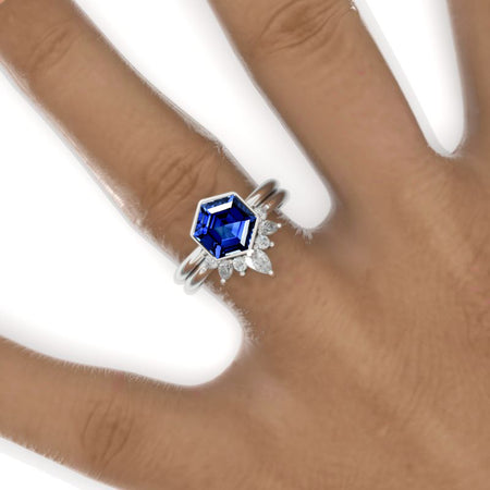 3 Carat Hexagon Bezel Set Royal Blue Sapphire Cluster Halo 14K White Gold Engagement Ring Set