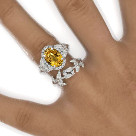 2 Carat Oval Yellow Sapphire Halo Floral Engagement Ring Eternity Ring Set Model 972