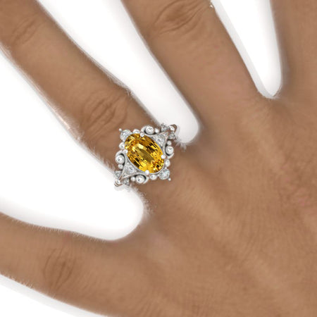 3 CT Oval Halo Yellow Sapphire Vintage Wedding Ring. 14K White Gold Engagement Ring Anniversary Ring, Baguette Double Halo Ring Model 997-10x7