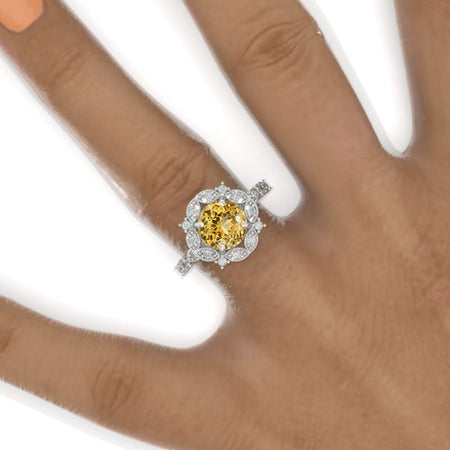 2 Carat Round Genuine Yellow Citrine Floral Halo Twisted Shank Engagement Ring Model-954