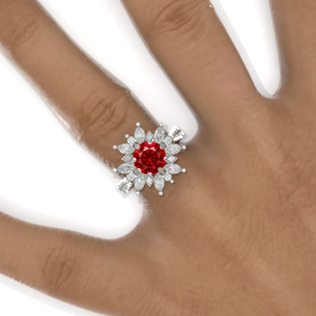 2 Carat Round Ruby Snowflake Floral Halo Engagement Ring