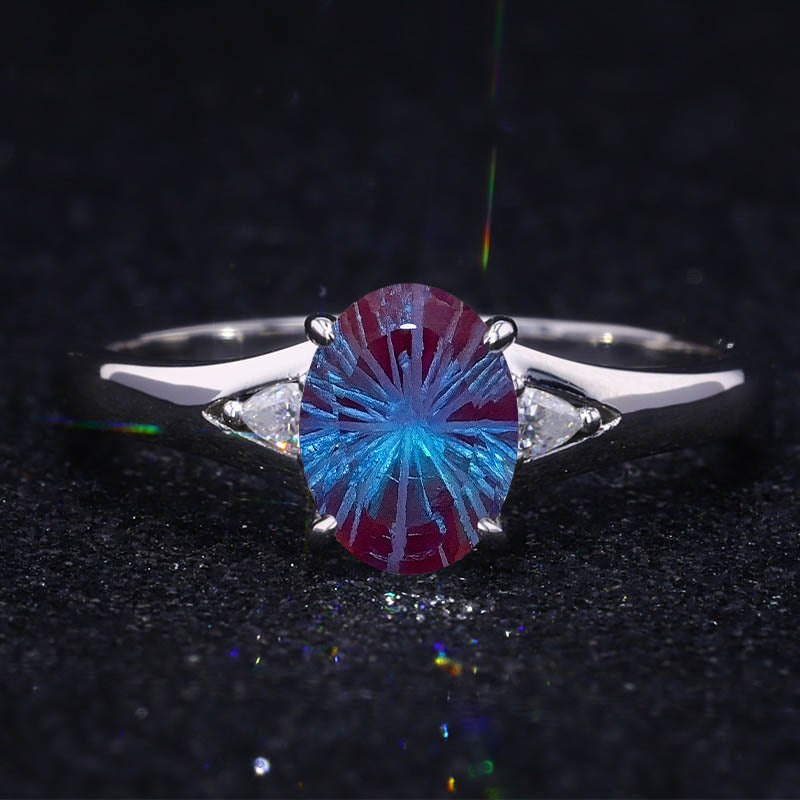3Ct Oval Fireworks Cut Alexandrite 14K White Gold Engagement Ring
