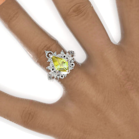 2.5 Carat Kite Yellow Sapphire 14K White Gold Engagement Ring. Floral natural Form Ring Model 1154-9x6mm