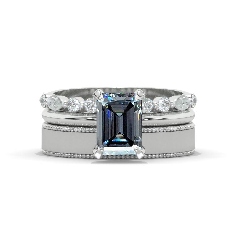 2Ct Emerald Step Cut Moissanite Gold Engagement Solitaire Shank Ring with Eternity and Wedding Band Model 1273
