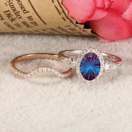 14K Gold 3 Carat Oval Fireworks Cut Alexandrite Halo Engagement Ring Eternity Ring Set
