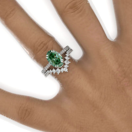 3 Carat Oval Green Moissanite Solitaire Set Engagement Ring Eternity Ring Set Model 978-10x7mm