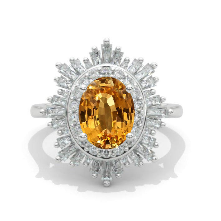 14K White Gold 2 Carat Oval Genuine Yellow Citrine Halo Engagement Ring