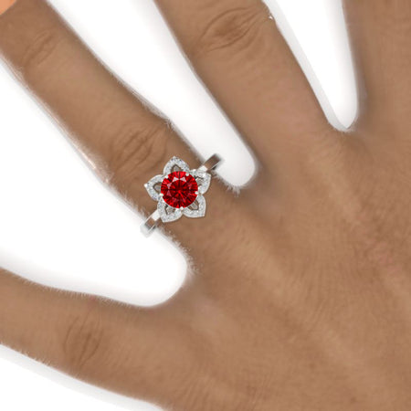 1 Carat Round Ruby Floral Halo Engagement Ring
