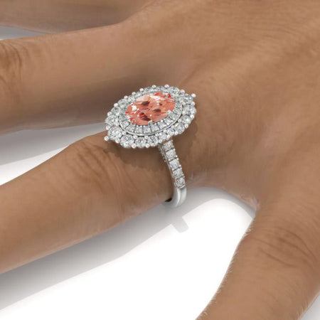 1 Ct Peach Sapphire Double Halo Engagement Ring, Vintage Oval Shape Cut Peach Sapphire Engagement Ring, Side Accents Stones 14K White Gold Model 466