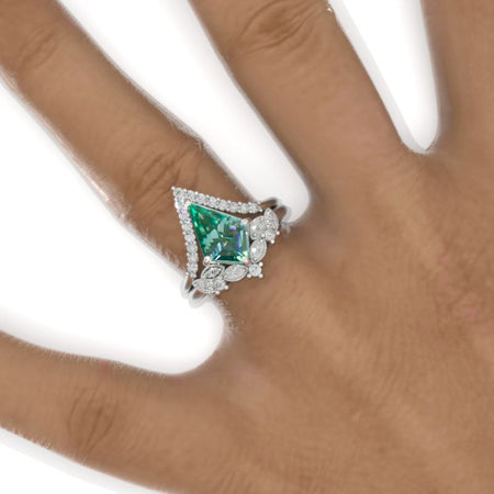 2.5 Carat Kite Green Moissanite Halo Engagement Ring Set. 2.5CT Fancy Kite Shape Green Moissanite Ring Set Model 934-12x8