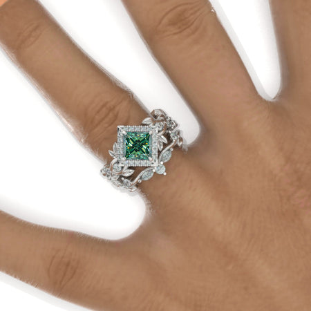 1 Carat Princess Cut Halo Green Moissanite Floral Twig Ornamental Engagement 14K White Gold  Ring Eternity Ring Set Model 1152-6x6