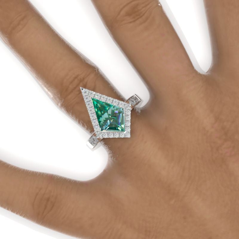 2.5 Carat Kite Green Moissanite Halo Engagement Ring. 2.5CT Fancy Shape Green Moissanite Ring Model 933-12x8